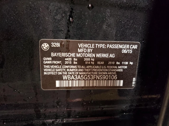 2015 BMW 3 Series 328i with VIN WBA3A5G53FNS90106, listed as a Copart auction lot 46418895 with 57,974 mi miles and Salvage Title. Bid and sale history available at carsss.com. Image 12.