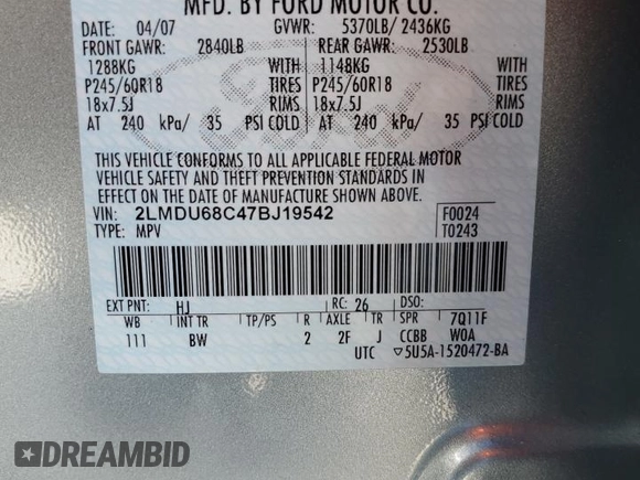 2007 Lincoln MKX with VIN 2LMDU68C47BJ19542, listed as a Copart auction lot 48956355 with 118,942 mi miles and Salvage Title. Bid and sale history available at carsss.com. Image 15.