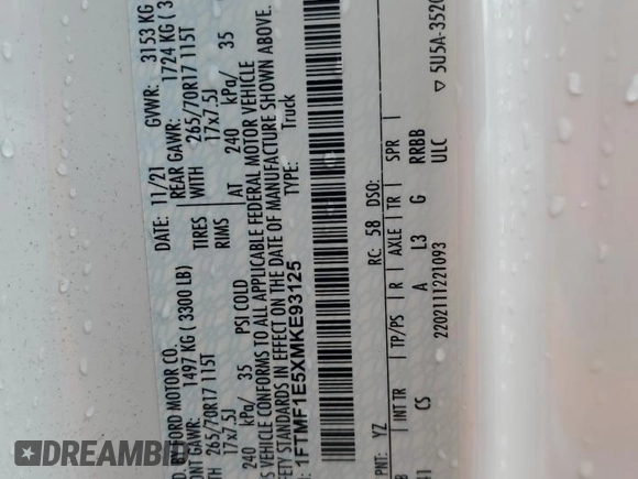 2021 Ford F-150 XL z VIN 1FTMF1E5XMKE93125, wystawiony jako Copart lot #79877134 z przebiegiem 61 418 mil mil oraz Nie do naprawy • Non repairable. Historia ofert i sprzedaży dostępna na DreamBid. Obrazek 13.