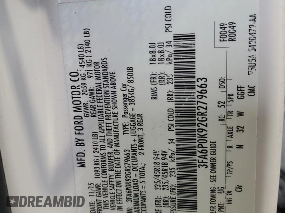 2016 Ford Fusion Titanium with VIN 3FA6P0K92GR279663, listed as a Copart auction lot 56373095 with Not provided miles and Salvage title. Bid and sale history available at DreamBid. Image 12.