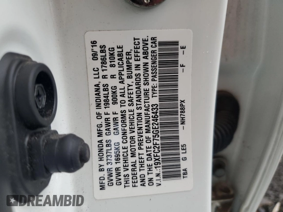 2016 Honda Civic EX with VIN 19XFC2F75GE246433, listed as a Copart auction lot 56512835 with 98,560 mi miles and Salvage Title. Bid and sale history available at DreamBid. Image 12.