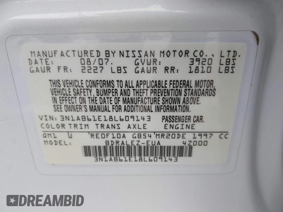 2008 Nissan Sentra S with VIN 3N1AB61E18L609143, listed as a IAAI auction lot 42066914 with Not Provided miles and . Bid and sale history available at DreamBid. Image 9.