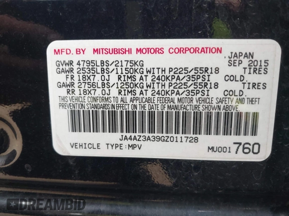 2016 Mitsubishi Outlander SE with VIN JA4AZ3A39GZ011728, listed as a IAAI auction lot 42254813 with 158,875 mi miles and . Bid and sale history available at DreamBid. Image 9.