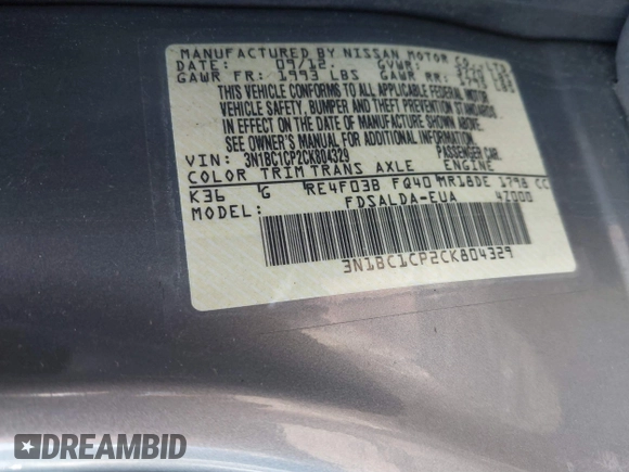 2012 Nissan Versa S with VIN 3N1BC1CP2CK804329, listed as a IAAI auction lot 39366678 with 167,539 mi miles. Bid and sale history available at carsss.com. Image 9.