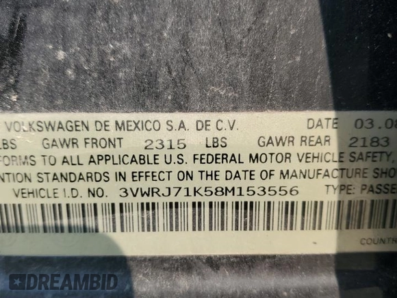 2008 Volkswagen Jetta Wolfsburg Edition with VIN 3VWRJ71K58M153556, listed as a Copart auction lot 71063924 with 197,518 mi miles and Salvage title. Bid and sale history available at DreamBid. Image 13.