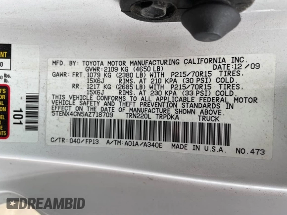 2010 Toyota Tacoma with VIN 5TENX4CN5AZ718709, listed as a IAAI auction lot 41849841 with 0 mi miles. Bid and sale history available at carsss.com. Image 9.
