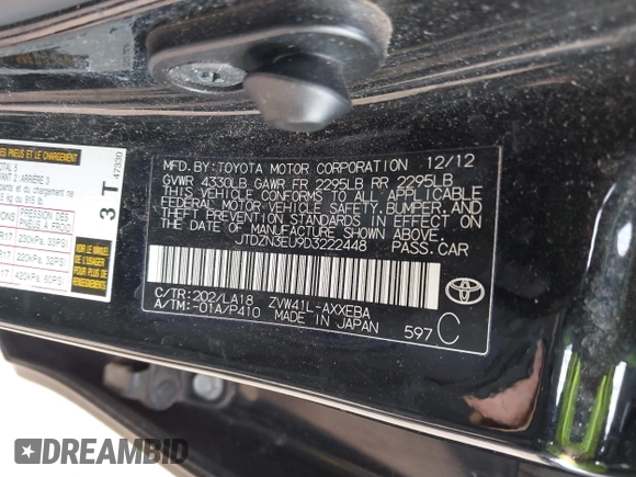 2013 Toyota Prius Two with VIN JTDZN3EU9D3222448, listed as a IAAI auction lot 42068763 with 160,673 mi miles and . Bid and sale history available at carsss.com. Image 9.