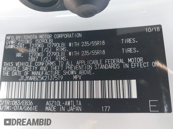 2019 Lexus NX 300 z VIN JTJYARBZ5K2137519, wystawiony jako IAAI lot #41465576 z przebiegiem 38 794 mil mil oraz . Historia ofert i sprzedaży dostępna na DreamBid. Obrazek 9.