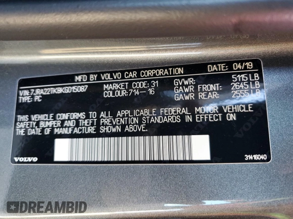 2019 Volvo S60 Momentum with VIN 7JRA22TK8KG015087, listed as a Copart auction lot 40616913 with 25,728 mi miles. Bid and sale history available at carsss.com. Image 14.