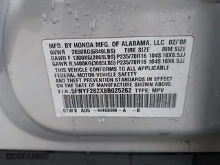 2008 Honda Pilot VP with VIN 5FNYF282X8B025262, listed as a IAAI auction lot 42110604 with 231,980 mi miles. Bid and sale history available at carsss.com. Image 9.