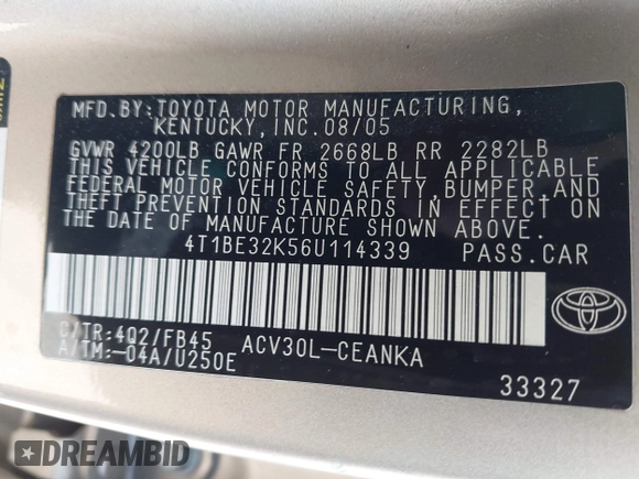 2006 Toyota Camry STD z VIN 4T1BE32K56U114339, wystawiony jako IAAI lot #42441135 z przebiegiem 217 153 mil mil oraz . Historia ofert i sprzedaży dostępna na DreamBid. Obrazek 9.