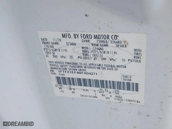 2011 Ford F-150 XL with VIN 1FTFX1EF4BFA04271, listed as a IAAI auction lot 41628272 with 154,758 mi miles. Bid and sale history available at carsss.com. Image 9.