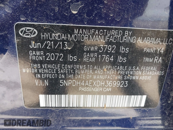 2013 Hyundai Elantra Limited with VIN 5NPDH4AEXDH369923, listed as a IAAI auction lot 41950446 with 93,991 mi miles and . Bid and sale history available at DreamBid. Image 9.