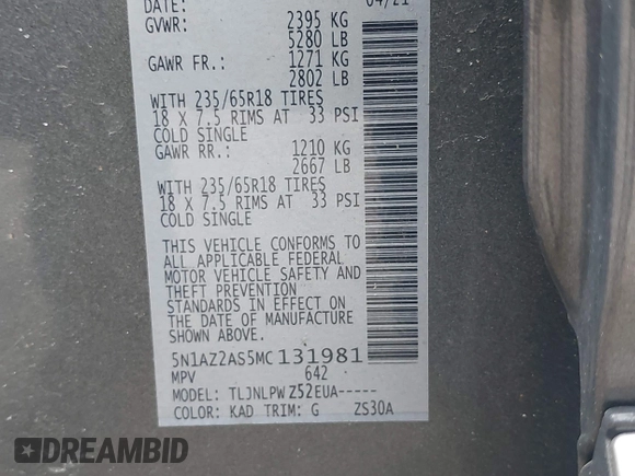 2021 Nissan Murano S z VIN 5N1AZ2AS5MC131981, wystawiony jako IAAI lot #42010176 z przebiegiem 24 538 mil mil oraz . Historia ofert i sprzedaży dostępna na DreamBid. Obrazek 9.