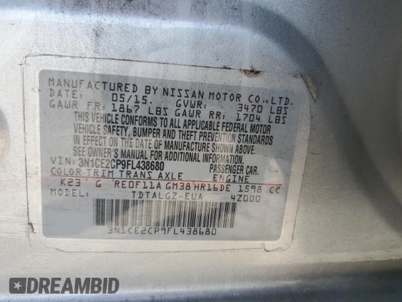 2015 Nissan Note SV with VIN 3N1CE2CP9FL438680, listed as a Copart auction lot 51595395 with 105,201 mi miles and Salvage Title. Bid and sale history available at DreamBid. Image 12.