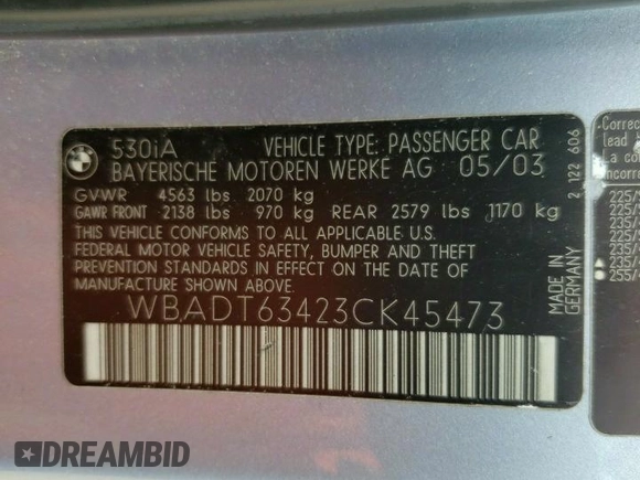 2003 BMW 5 Series 530iA with VIN WBADT63423CK45473, listed as a Copart auction lot 78860014 with 0 mi miles and Salvage Title. Bid and sale history available at carsss.com. Image 12.