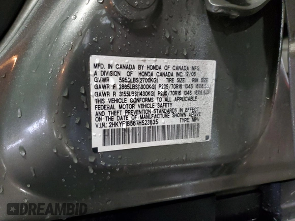 2007 Honda Pilot EX-L с VIN 2HKYF18567H523835, выставлен на аукционе Copart как лот 58586815 с пробегом 237 554 миль миль и Списание • Salvage title. История ставок и продаж доступна на DreamBid. Изображение 13.
