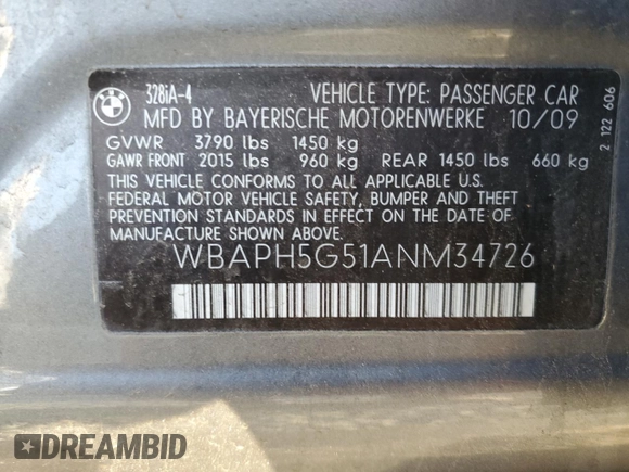 2010 BMW 3 Series 328i with VIN WBAPH5G51ANM34726, listed as a Copart auction lot 43971725 with 183,454 mi miles and Salvage Title. Bid and sale history available at DreamBid. Image 12.