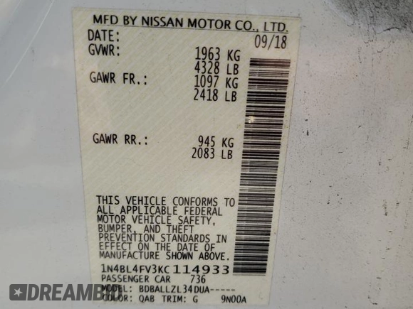 2019 Nissan Altima 2.5 Platinum with VIN 1N4BL4FV3KC114933, listed as a Copart auction lot 82250244 with 71,788 mi miles and Salvage Title. Bid and sale history available at carsss.com. Image 14.