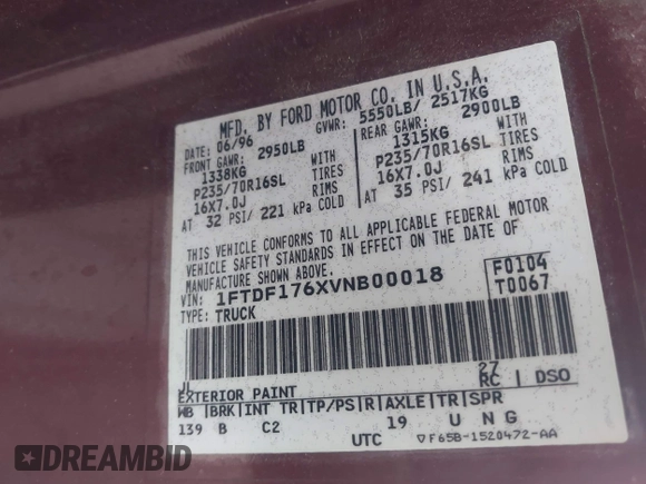 1997 Ford F-150 with VIN 1FTDF176XVNB00018, listed as a IAAI auction lot 42467851 with 217,082 mi miles and . Bid and sale history available at DreamBid. Image 9.