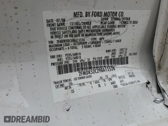 2009 Ford Flex SEL z VIN 2FMDK52C29BA15526, wystawiony jako Copart lot #53630793 z przebiegiem Nie podano mil oraz Szkoda całkowita • Salvage title. Historia ofert i sprzedaży dostępna na DreamBid. Obrazek 14.