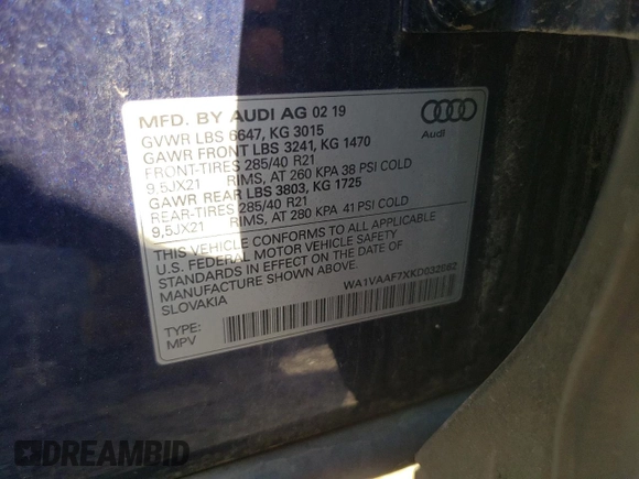 2019 Audi Q7 Prestige with VIN WA1VAAF7XKD032862, listed as a Copart auction lot 63205755 with 79,556 mi miles and Salvage title. Bid and sale history available at DreamBid. Image 13.