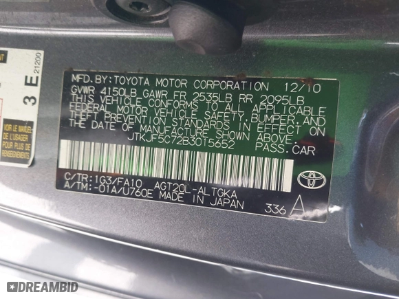 2011 Scion tC with VIN JTKJF5C72B3015652, listed as a IAAI auction lot 42087995 with 175,768 mi miles. Bid and sale history available at carsss.com. Image 9.