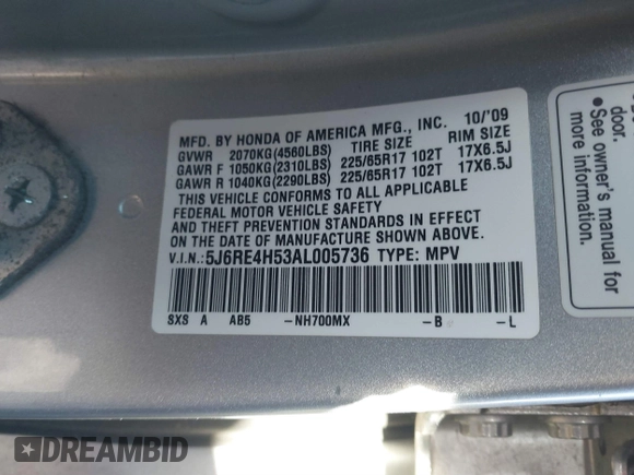 2010 Honda CR-V EX with VIN 5J6RE4H53AL005736, listed as a IAAI auction lot 41607464 with 230,736 mi miles. Bid and sale history available at carsss.com. Image 9.