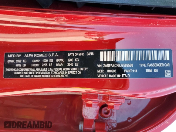2018 Alfa Romeo Giulia Ti Sport with VIN ZARFAECN7J7589588, listed as a Copart auction lot 48062563 with 65,303 mi miles. Bid and sale history available at carsss.com. Image 13.