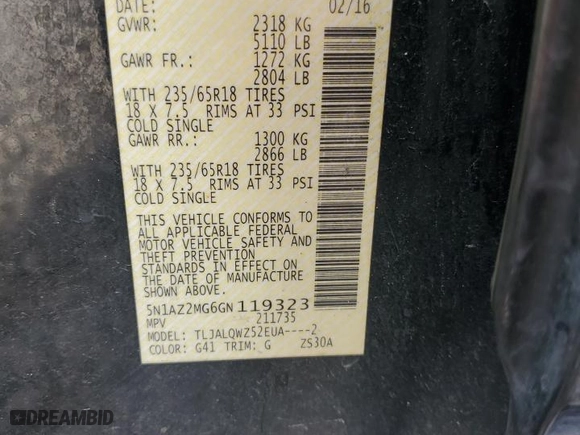 2016 Nissan Murano S with VIN 5N1AZ2MG6GN119323, listed as a Copart auction lot 82241094 with 182,973 mi miles and Salvage Title. Bid and sale history available at carsss.com. Image 13.