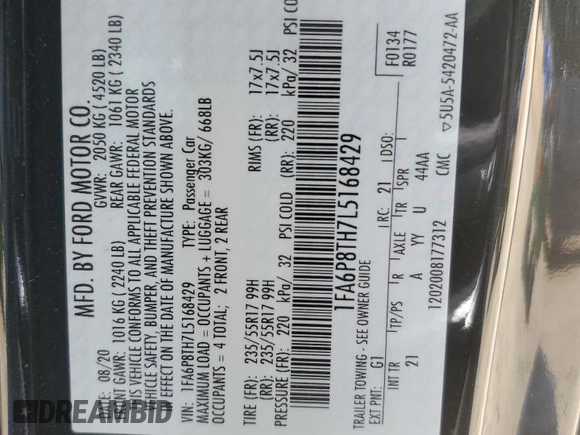 2020 Ford Mustang EcoBoost z VIN 1FA6P8TH7L5168429, wystawiony jako Copart lot #59360175 z przebiegiem Nie podano mil oraz Szkoda całkowita • Salvage title. Historia ofert i sprzedaży dostępna na DreamBid. Obrazek 13.