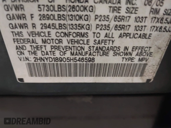 2005 Acura MDX Touring with VIN 2HNYD18905H546598, listed as a IAAI auction lot 41640329 with 271,101 mi miles. Bid and sale history available at carsss.com. Image 9.