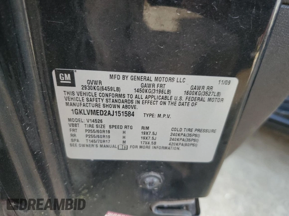 2010 GMC Acadia SLT1 with VIN 1GKLVMED2AJ151584, listed as a Copart auction lot 50870925 with 126,204 mi miles and Salvage Title. Bid and sale history available at carsss.com. Image 15.