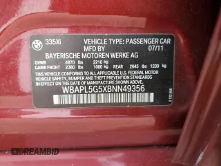 2011 BMW 3 Series 335i xDrive with VIN WBAPL5G5XBNN49356, listed as a Copart auction lot 60709805 with Not provided miles and Salvage title. Bid and sale history available at DreamBid. Image 12.