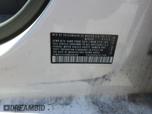 2013 Volkswagen Jetta S with VIN 3VW2K7AJ0DM260336, listed as a Copart auction lot 53988595 with 260,870 mi miles and Salvage title. Bid and sale history available at DreamBid. Image 12.