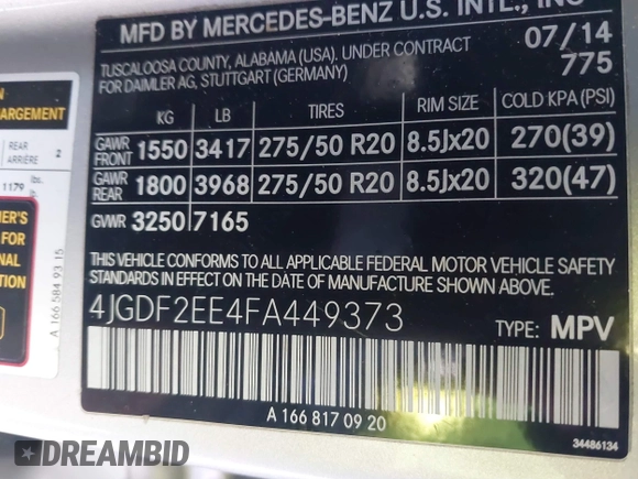 2015 Mercedes-Benz GL-Class GL 350 BlueTEC with VIN 4JGDF2EE4FA449373, listed as a IAAI auction lot 41164029 with 193,092 mi miles. Bid and sale history available at carsss.com. Image 9.