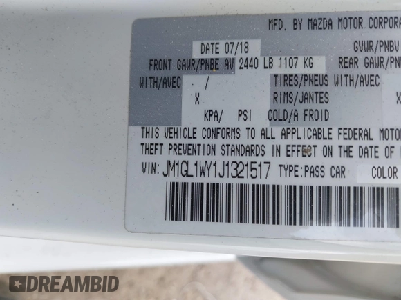 2018 Mazda 6 Grand Touring Reserve with VIN JM1GL1WY1J1321517, listed as a IAAI auction lot 39411226 with 50,280 mi miles and . Bid and sale history available at DreamBid. Image 9.