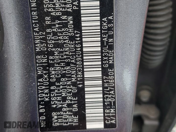 2012 Toyota Avalon with VIN 4T1BK3DB9CU461447, listed as a Copart auction lot 50149765 with 102,252 mi miles and Salvage Title. Bid and sale history available at carsss.com. Image 14.