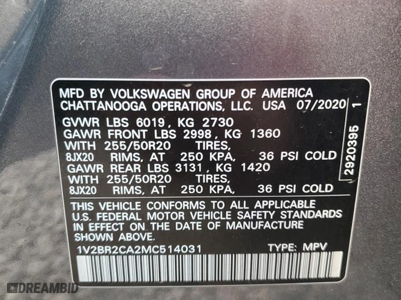 2021 Volkswagen Atlas 3.6L V6 SEL with VIN 1V2BR2CA2MC514031, listed as a Copart auction lot 85812794 with 43,894 mi miles and Salvage Title. Bid and sale history available at carsss.com. Image 13.