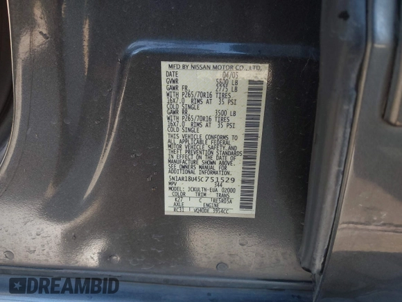 2005 Nissan Pathfinder SE with VIN 5N1AR18U45C751529, listed as a IAAI auction lot 41009894 with 167,023 mi miles. Bid and sale history available at carsss.com. Image 9.
