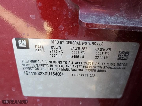 2016 Chevrolet Impala LT with VIN 1G1115S38GU164064, listed as a Copart auction lot 83811044 with 26,470 mi miles and Salvage Title. Bid and sale history available at carsss.com. Image 12.