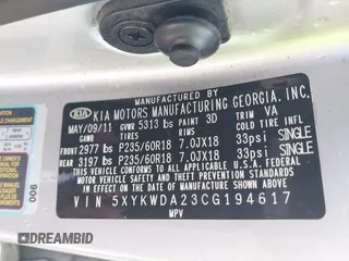 2012 Kia Sorento SX with VIN 5XYKWDA23CG194617, listed as a IAAI auction lot 41504630 with 161,157 mi miles. Bid and sale history available at carsss.com. Image 9.