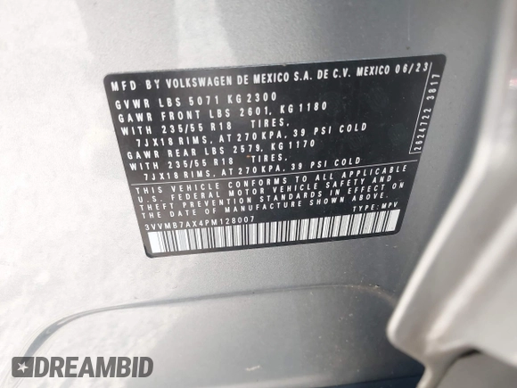 2023 Volkswagen Tiguan SE z VIN 3VVMB7AX4PM128007, wystawiony jako IAAI lot #42069544 z przebiegiem 19 994 mil mil oraz . Historia ofert i sprzedaży dostępna na DreamBid. Obrazek 9.