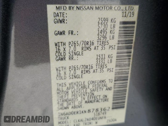 2019 Nissan Frontier SV z VIN 1N6AD0ER1KN878362, wystawiony jako Copart lot #50364725 z przebiegiem 28 677 mil mil oraz Nie do naprawy. Historia ofert i sprzedaży dostępna na DreamBid. Obrazek 15.