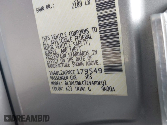 2012 Nissan Altima SR with VIN 1N4BL2APXCC179549, listed as a IAAI auction lot 41689690 with 179,594 mi miles and . Bid and sale history available at DreamBid. Image 9.