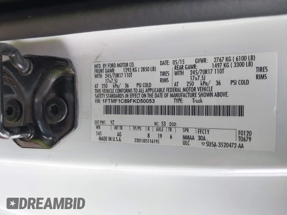 2015 Ford F-150 XL with VIN 1FTMF1C89FKD50053, listed as a IAAI auction lot 41704237 with 187,408 mi miles and . Bid and sale history available at DreamBid. Image 9.