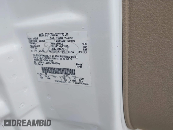 2005 Ford F-150 XLT с VIN 1FTPW12565FB05500, выставлен на аукционе IAAI как лот 42667501 с пробегом 198 383 миль миль и . История ставок и продаж доступна на DreamBid. Изображение 9.