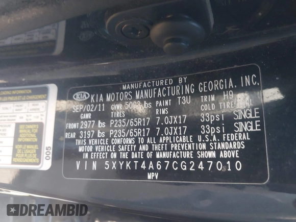 2012 Kia Sorento LX with VIN 5XYKT4A67CG247010, listed as a IAAI auction lot 42028544 with 223,389 mi miles. Bid and sale history available at carsss.com. Image 9.