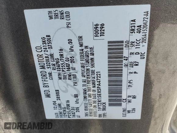 2005 Ford Ranger XL z VIN 1FTZR15EX5PA47221, wystawiony jako Copart lot #57262855 z przebiegiem 222 300 mil mil oraz Szkoda całkowita • Salvage title. Historia ofert i sprzedaży dostępna na DreamBid. Obrazek 12.