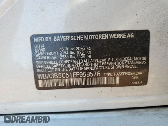 2014 BMW 3 Series 328i xDrive with VIN WBA3B5C51EF958576, listed as a Copart auction lot 62089375 with 148,140 mi miles and Salvage title. Bid and sale history available at DreamBid. Image 12.